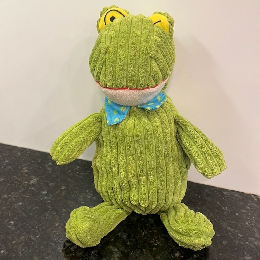 LES DEGLINGOS PLUSH DUVET CROAKOS FROG GREEN with BLUE -GREEN COLLAR 14”
